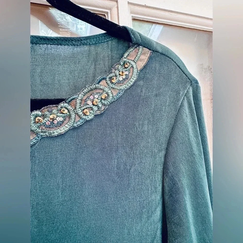 Vintage Coldwater Creek Y2K Dark Teal Beaded Sequin Fairy Chic Blouse Top Size M